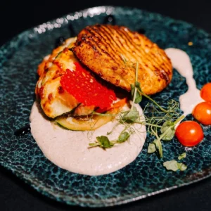 Turkey steak with vegetable lasagne and mushroom sauce