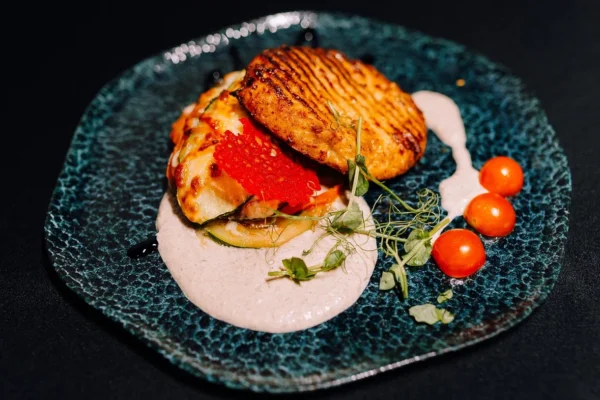 Turkey steak with vegetable lasagne and mushroom sauce