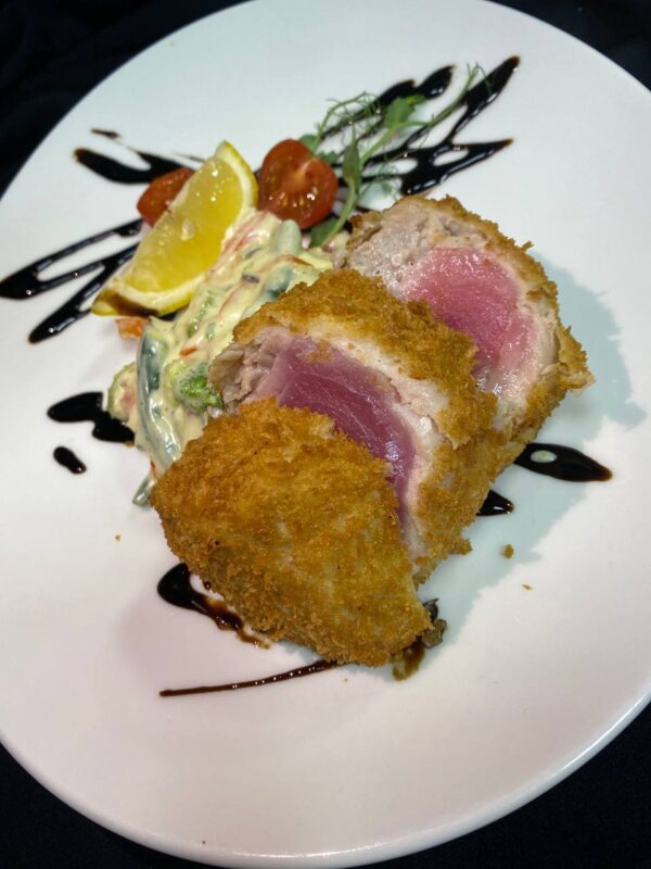 Crispy battered tuna fillet with vegetables